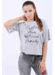 Geniş Kol Baskılı Gri T-Shirt