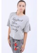 Geniş Kol Baskılı Gri T-Shirt