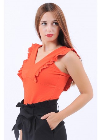 Fırfırlı V Yaka Turuncu Bluz
