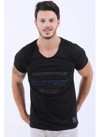 Kabartma Yazı Baskılı Siyah T-Shirt