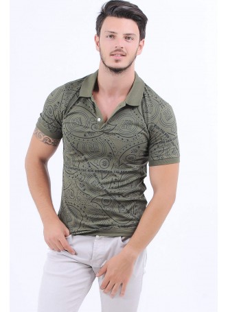 Siyah Yazı Desen Polo Yaka Haki T-Shirt