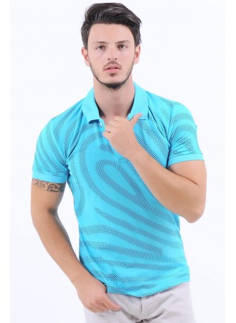 Lacivert Noktacık Desen Polo Yaka Turkuaz T-Shirt