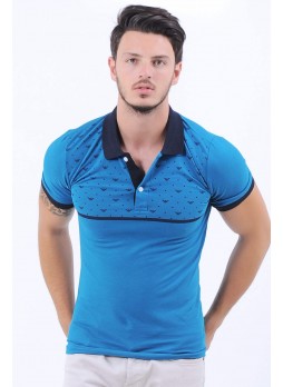 Siyah Desen Polo Yaka Mavi T-Shirt