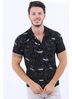 Püskürtme Desen Polo Yaka Siyah T-Shirt