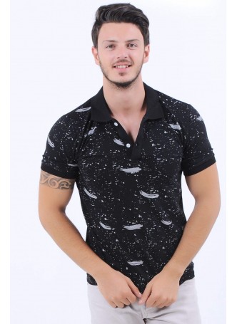 Püskürtme Desen Polo Yaka Siyah T-Shirt
