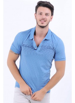 Lacivert Nokta Desen Polo Yaka Mavi T-Shirt