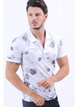 Siyah Yaprak Desen Polo Yaka Beyaz T-Shirt