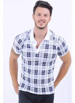 Siyah Kare Desen Polo Yaka Beyaz T-Shirt
