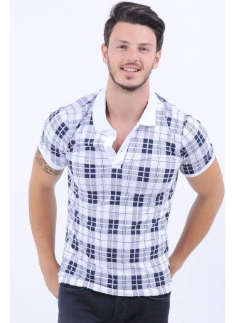 Siyah Kare Desen Polo Yaka Beyaz T-Shirt