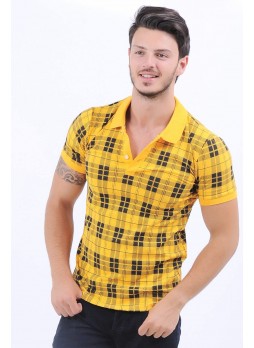 Siyah Kare Desen Polo Yaka Sarı T-Shirt