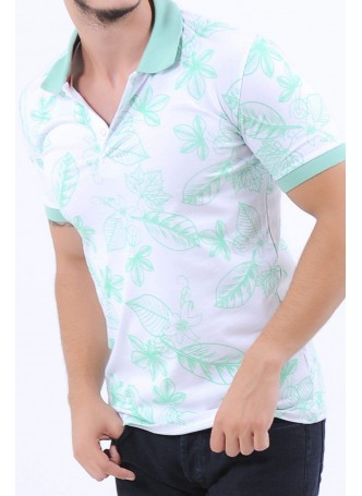Nilyeşili Yaprak Desen Polo Yaka Beyaz T-Shirt