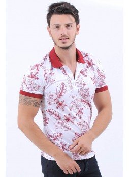 Kırmızı Yaprak Desen Polo Yaka Beyaz T-Shirt