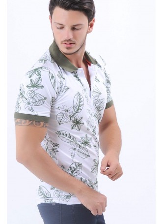 Yeşil Yaprak Desen Polo Yaka Beyaz T-Shirt
