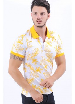 Sarı Yaprak Desen Polo Yaka Beyaz T-Shirt