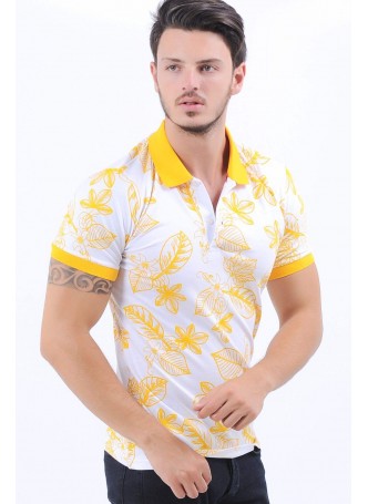 Sarı Yaprak Desen Polo Yaka Beyaz T-Shirt