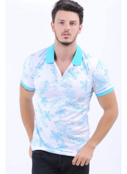 Turkuaz Yaprak Desen Polo Yaka Beyaz T-Shirt