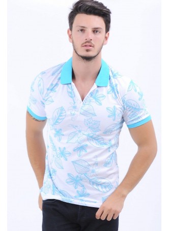 Turkuaz Yaprak Desen Polo Yaka Beyaz T-Shirt