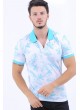 Turkuaz Yaprak Desen Polo Yaka Beyaz T-Shirt