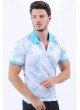 Turkuaz Yaprak Desen Polo Yaka Beyaz T-Shirt