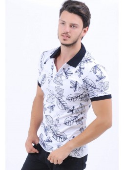 Lacivert Yaprak Desen Polo Yaka Beyaz T-Shirt
