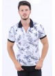 Lacivert Yaprak Desen Polo Yaka Beyaz T-Shirt