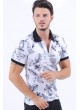 Lacivert Yaprak Desen Polo Yaka Beyaz T-Shirt