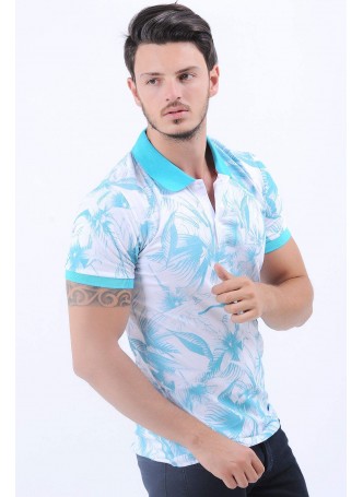 Turkuaz Desen Polo Yaka Beyaz T-Shirt