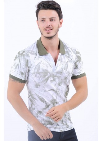 Yeşil Desen Polo Yaka Beyaz T-Shirt