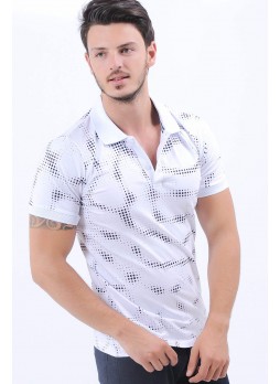Lacivert Nokta Desen Polo Yaka Beyaz T-Shirt