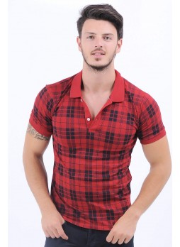 Siyah Kare Desen Polo Yaka Kırmızı T-Shirt