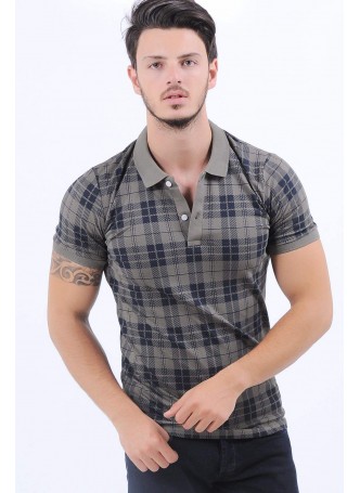 Siyah Kare Desen Polo Yaka Haki T-Shirt