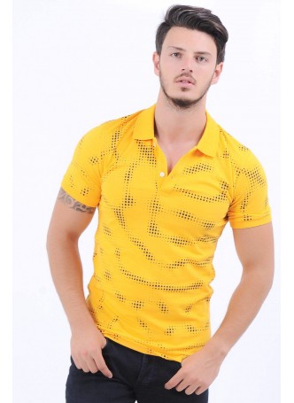 Siyah Nokta Desen Polo Yaka Sarı T-Shirt