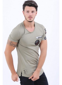 Armalı Kesikli Haki T-Shirt