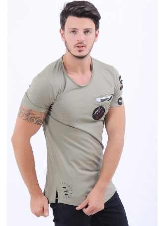 Armalı Kesikli Haki T-Shirt