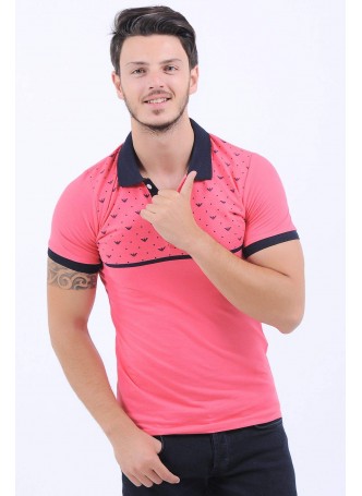 Siyah Desen Polo Yaka Pembe T-Shirt