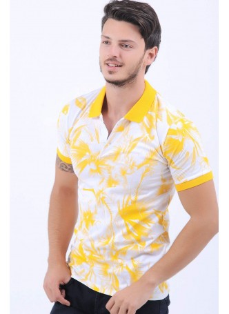 Sarı Desen Polo Yaka Beyaz T-Shirt