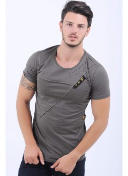 Kesikli Armalı Haki T-Shirt