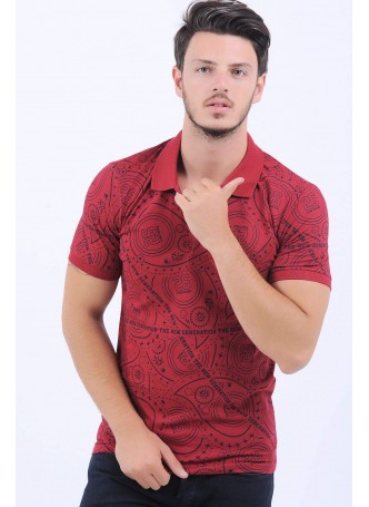 Yazı Desenli Polo Yaka Kırmızı T-Shirt