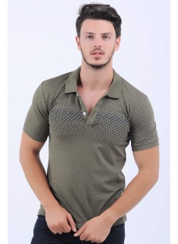 Lacivert Nokta Desen Polo Yaka Haki T-Shirt
