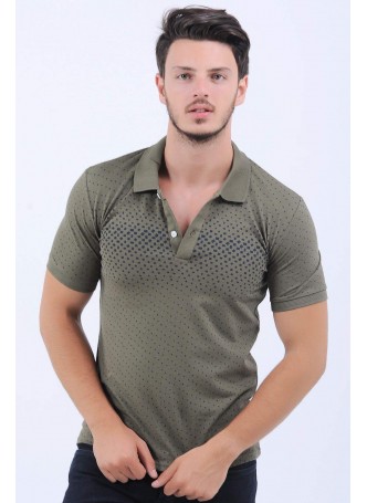 Lacivert Nokta Desen Polo Yaka Haki T-Shirt