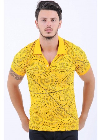 Yazı Desenli Polo Yaka Sarı T-Shirt