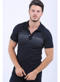 Beyaz Nokta Desen Polo Yaka Lacivert T-Shirt