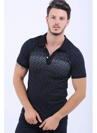 Beyaz Nokta Desen Polo Yaka Lacivert T-Shirt