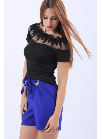 Dantel Kayık Yaka Siyah Bluz