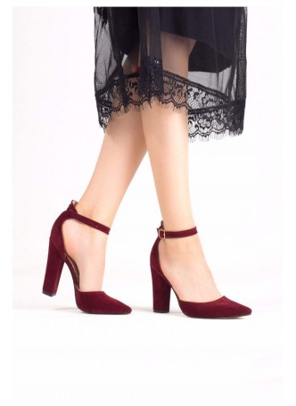 Sor Bordo Süet Çapraz Bilekten Kemerli Topuklu Bayan Ayakkabı
