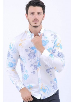 Turkuaz Sarı Desen Beyaz Gömlek