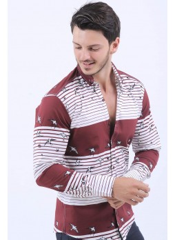 Kuş Desen Bordo Beyaz Gömlek