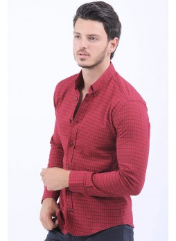 Lacivert Çizgi Desen Kabartma Kırmızı Gömlek