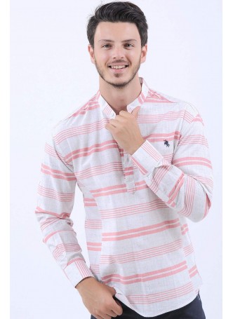 Pembe Çizgi Desen Keten Hakim Yaka Gömlek