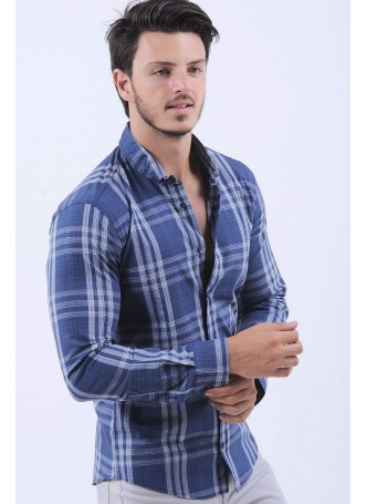 Beyaz Çizgi Desen Mavi Gömlek